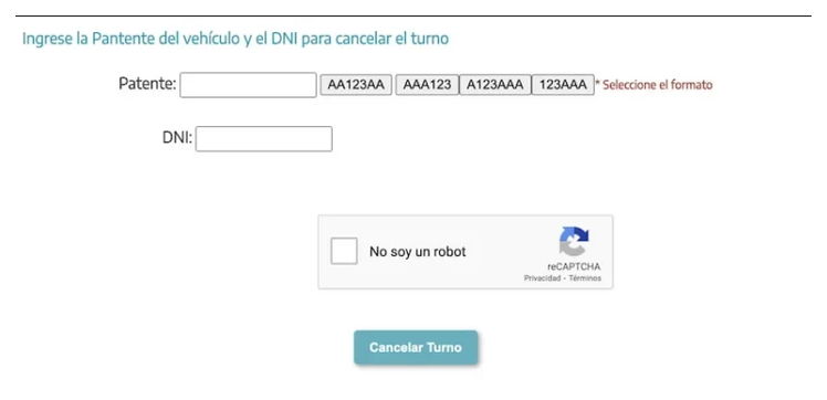Pantalla para cancelar el turno de la VTV en González Catán con patente y DNI